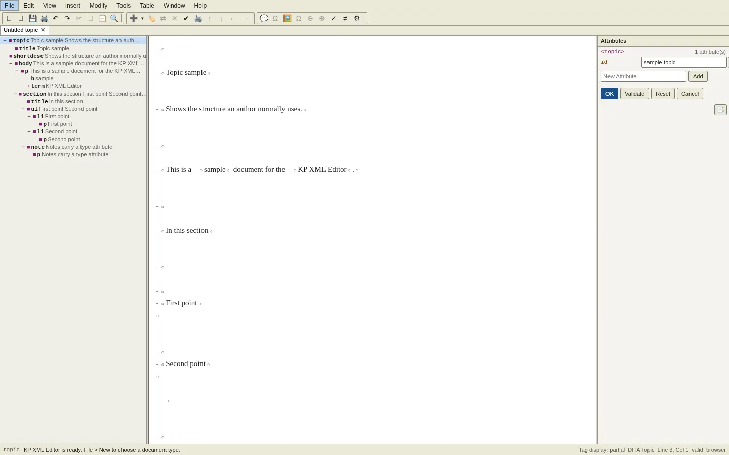 KP XML Editor with a sample DITA topic and document map.